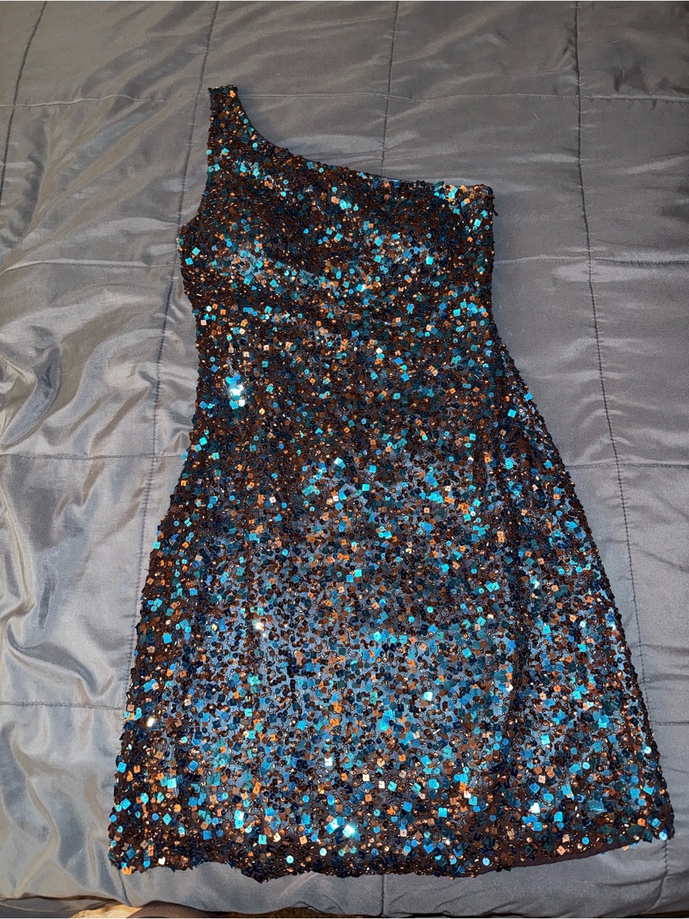 Scala One-Shoulder Sequin Dress in Black and Teal